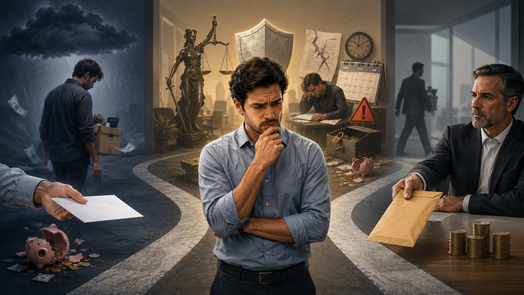 Ilustração de um trabalhador preocupado diante de três caminhos em um ambiente corporativo, simbolizando a dúvida entre pedir demissão, ser dispensado ou buscar a rescisão indireta. Ao redor, aparecem elementos como carta de demissão, envelope de desligamento, moedas, porquinho quebrado, documentos, balança da justiça e sinais de alerta, representando impactos financeiros e direitos trabalhistas.