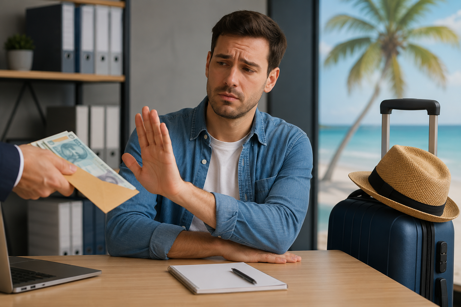 **Alt text:** Homem sentado em um escritório recusa um envelope com dinheiro estendido por outra pessoa, enquanto uma mala de viagem e uma praia ao fundo simbolizam o direito às férias. A cena representa o conflito entre receber dinheiro e usufruir o período de descanso, ilustrando a venda obrigatória de férias.