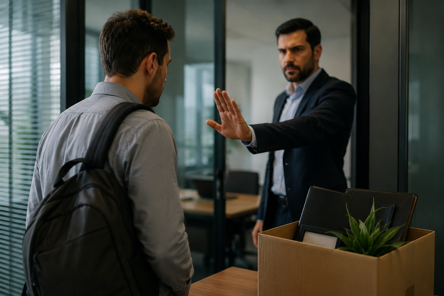 Trabalhador com mochila chega ao escritório enquanto um gestor faz um gesto indicando que ele deve ir embora, em um ambiente corporativo moderno, representando a situação de impedimento de trabalhar após atraso, sem qualquer texto na imagem.
