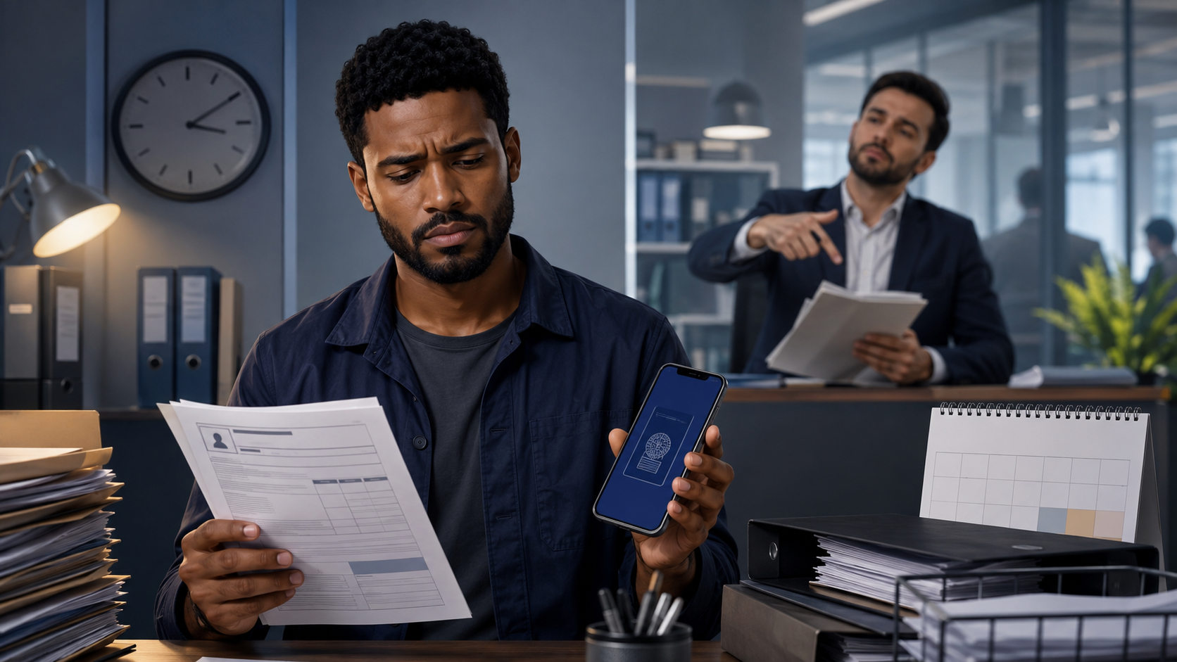 Homem preocupado analisa documentos de contratação e mostra um celular com carteira de trabalho digital, enquanto um gestor, ao fundo, sinaliza adiamento em um escritório com relógio, calendário e pilhas de papéis.