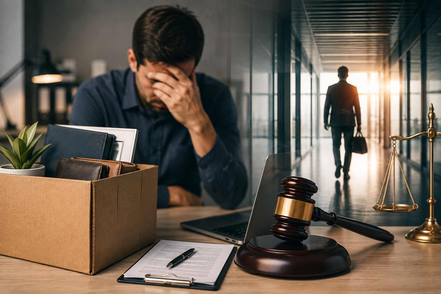 Homem sentado em um escritório, preocupado, ao lado de uma caixa com seus pertences. Ao fundo, outro homem se afasta por um corredor carregando uma bolsa. Em primeiro plano, há um notebook, documentos e um martelo de juiz; à direita, uma balança da Justiça.